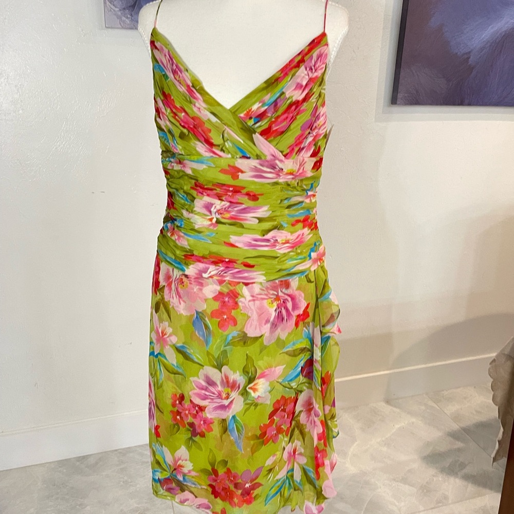 Vintage Y2K Zola Ice Silk Floral Green Spaghetti-Strap Dress